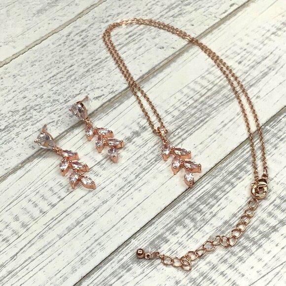 Cubic Zirconia Olive Branch Pendant Necklace Earring Set Rose Gold - Picture 1 of 3